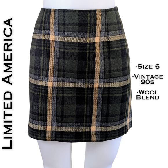 Limited America Vintage 90s Italian Miniskirt 6 Tartan Plaid Green Tan Academia - Picture 1 of 7